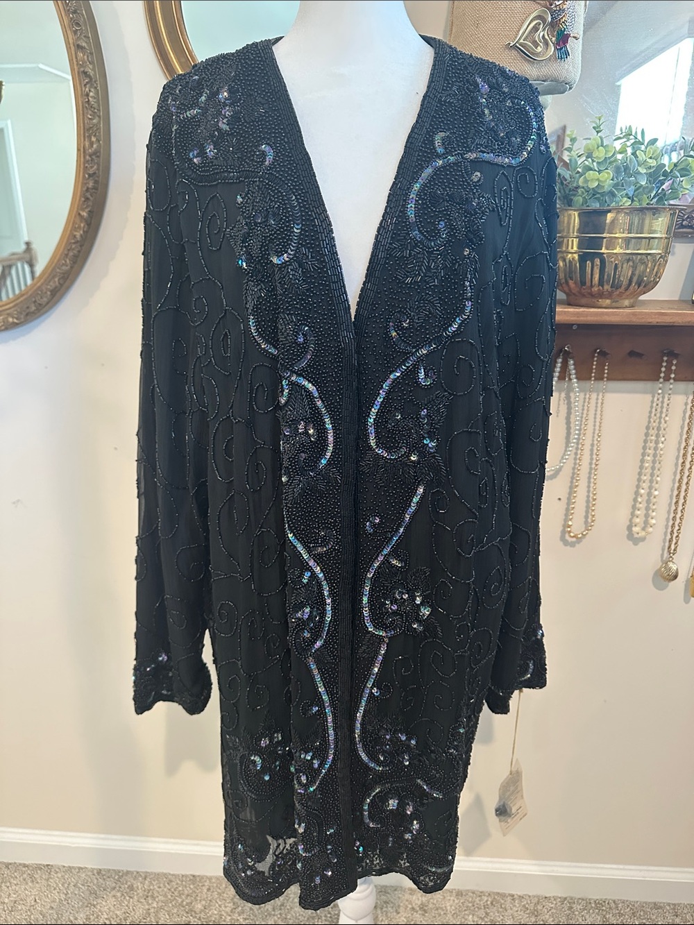 Michael Edwards 100% Silk Beaded Open Front Jacket. Deadstock. Size 1X